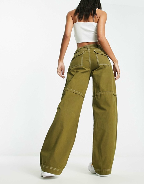 COLLUSION pocket detail cargo pants with white stitch in olive