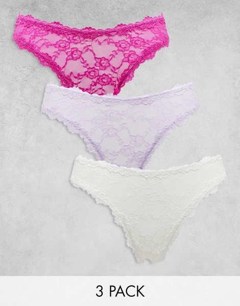 Cotton On stretch lace thong 3 pack in lilac pink cream