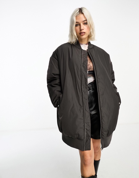 COLLUSION longline bomber jacket in chocolate brown