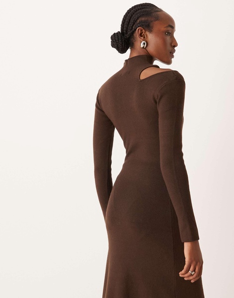 River Island cut out turtle neck midi dress in dark brown