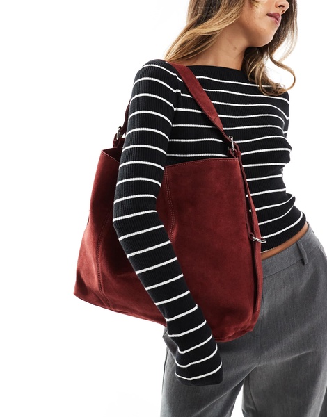 ASOS DESIGN suede tote bag with buckle detail in burgundy