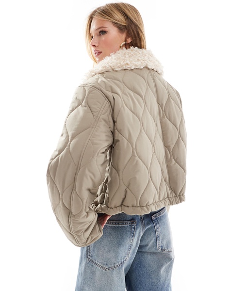 ASOS DESIGN borg collar quilted jacket in khaki