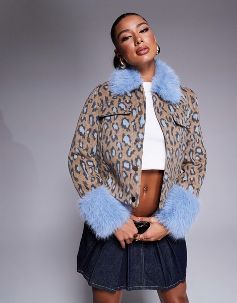 River Island wool jacket with faux fur detail in leopard print