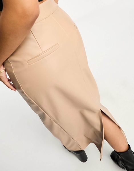 River Island Petite tailored column PU midi skirt in brown