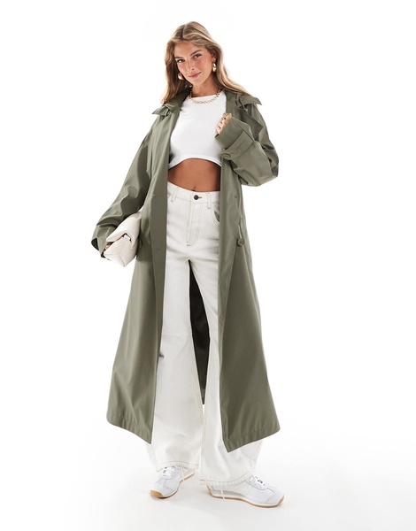 ASOS DESIGN rubberized rain hooded trench coat with belt detail in khaki