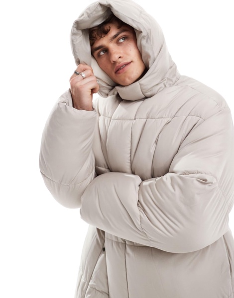 COLLUSION Unisex maxi puffer jacket with hood in stone