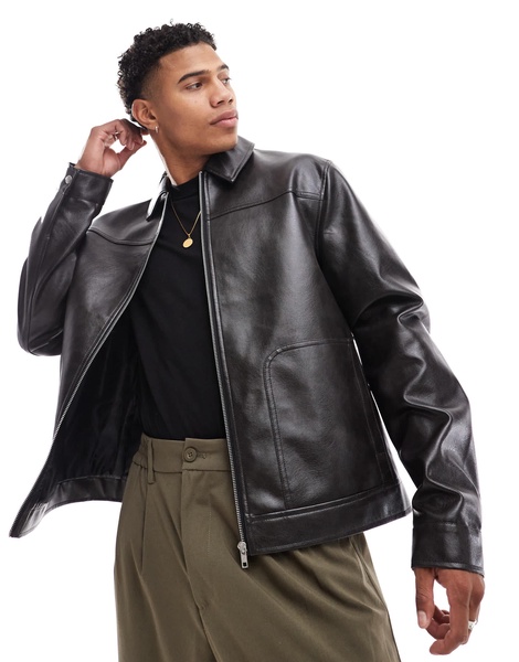 ASOS DESIGN faux leather harrington jacket in washed black