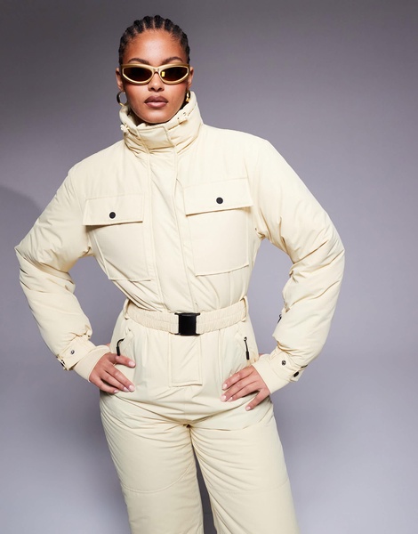 ASOS 4505 Tall Ski retro belted ski suit with funnel neck in buttermilk