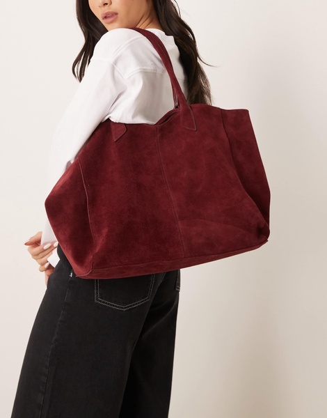 ASOS DESIGN Premium suede bonded tote bag in burgundy