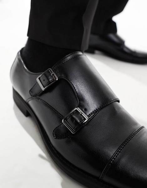 ASOS DESIGN monk shoes in black faux leather with emboss panel