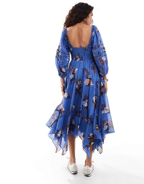 Free People floral print asymmetric hem boho midi dress in blue