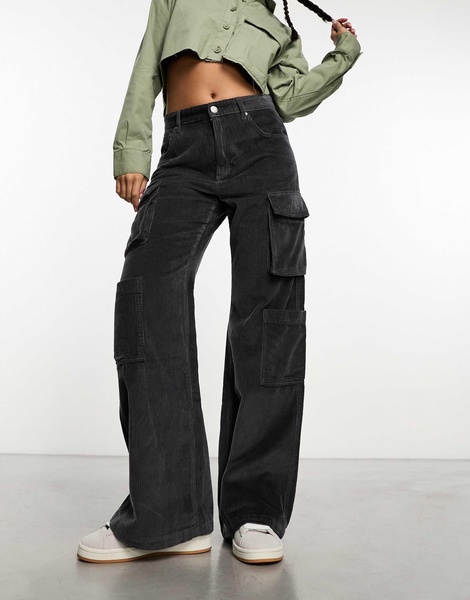 Cotton On corduroy cargo wide leg jeans in dark ash