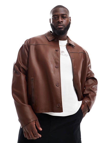 ASOS DESIGN faux leather harrington jacket in brown