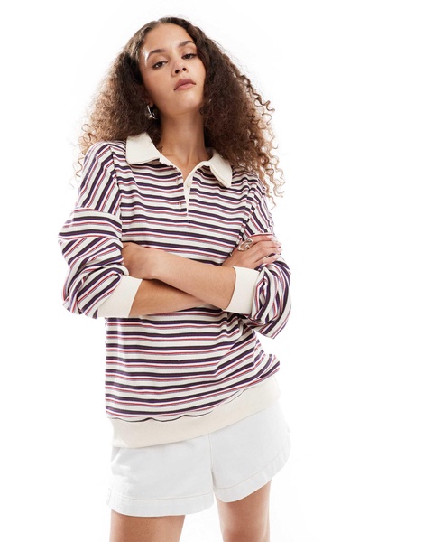 Lioness collar detail rugby jersey top in cream multi stripe