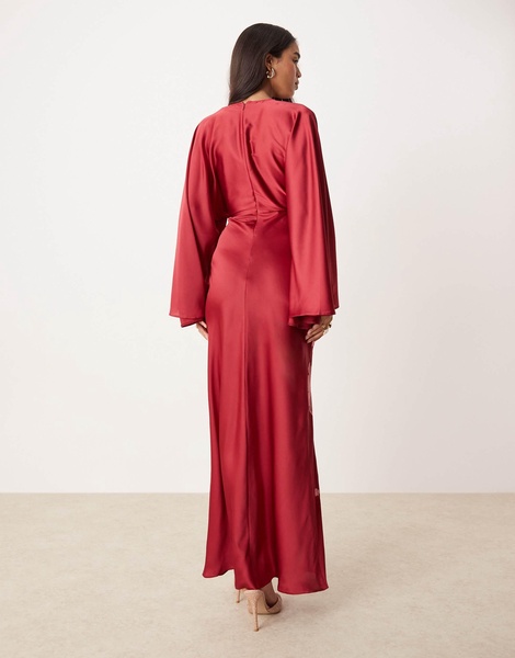 ASOS DESIGN exaggerated sleeve embroidered satin bias maxi dress in berry