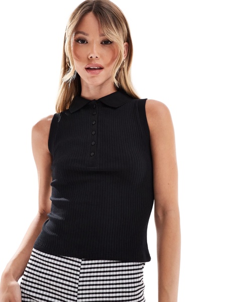 Mango button up sleeveless textured top in black