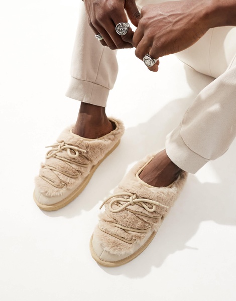 ASOS DESIGN chunky slippers in cream faux fur with laces