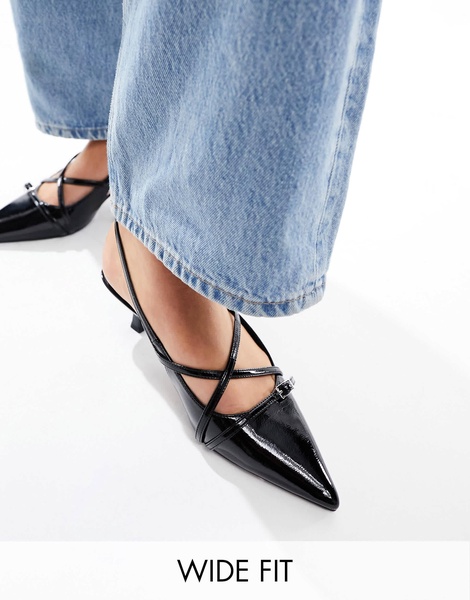 ASOS DESIGN Wide Fit Scottie buckle detail kitten heeled shoes in black