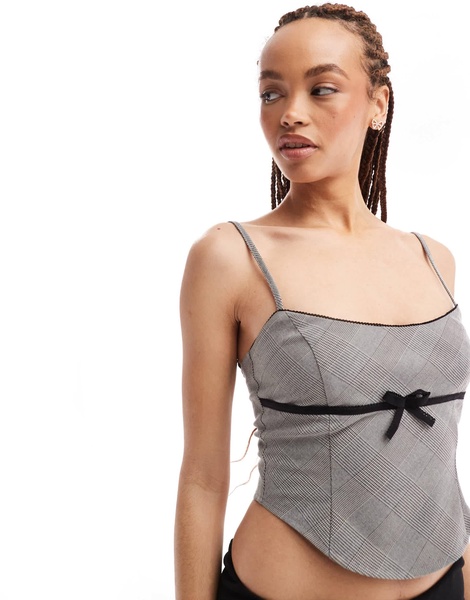 Motel bow detail plaid cami top in gray