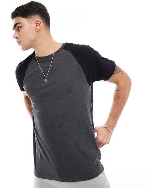 Brave Soul raglan t-shirt in dark charcoal heather & black