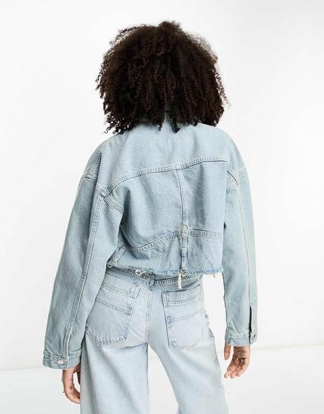 Mango denim jacket with distressed hem in blue