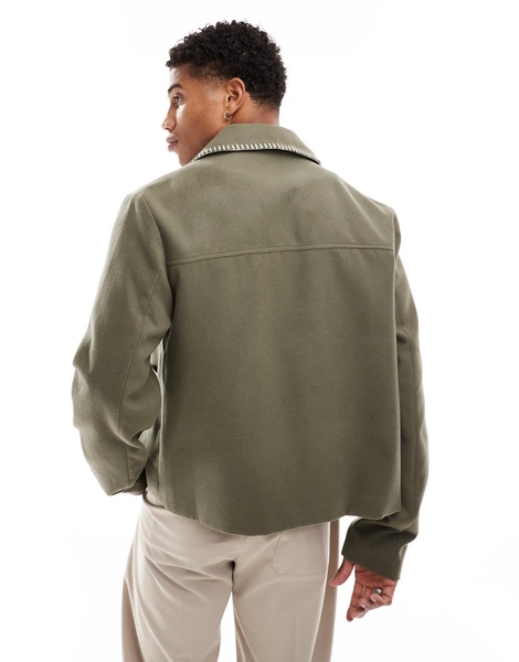 ASOS DESIGN wool look harrington jacket with blanket stitch in khaki