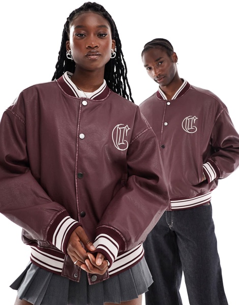 COLLUSION Unisex faux leather bomber jacket in burgundy