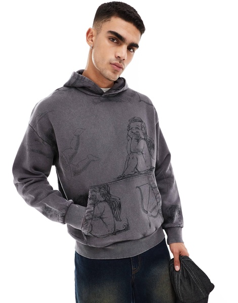 ADPT oversized hoodie with all over angel print in gray acid wash