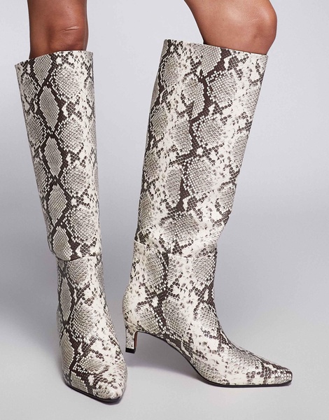 River Island snakeskin print knee boots with low heel in beige