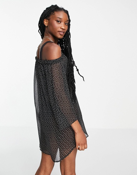 Brave Soul off shoulder beach dress in black polka dot