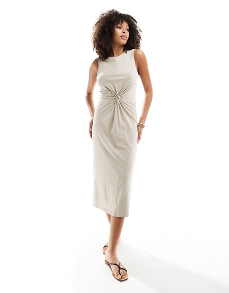 Mango cinched waist jersey dress in beige