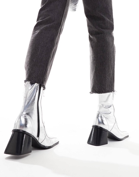 ASOS DESIGN Ria mid-heel leather boots in silver