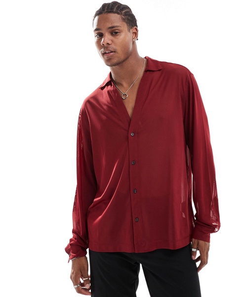 ASOS DESIGN boxy stretch sheer shirt with deep revere in burgundy