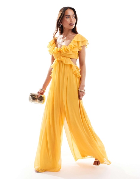 ASOS DESIGN ruffle off the shoulder cut out wide leg jumpsuit in mustard