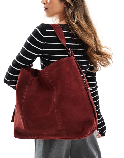 ASOS DESIGN suede tote bag with buckle detail in burgundy