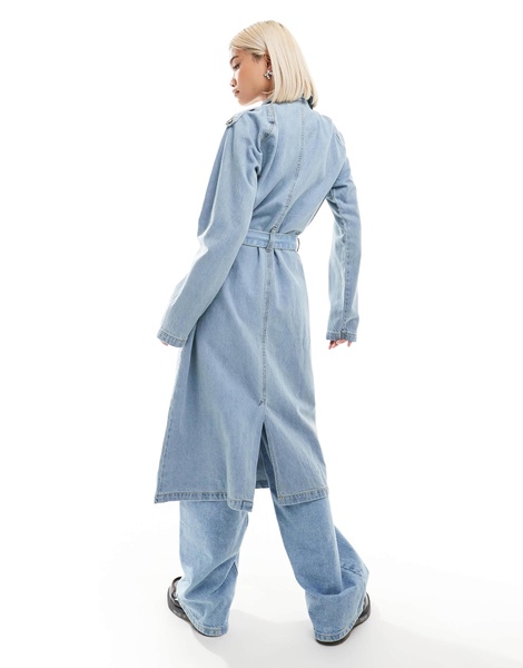 Brave Soul denim trench coat in blue bleach wash