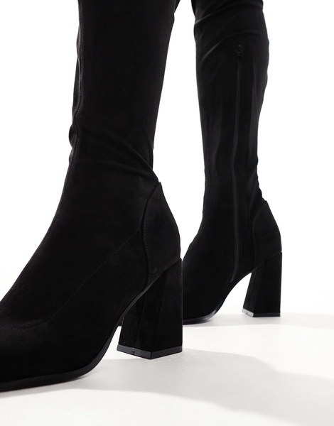 ASOS DESIGN Keely block-heeled over the knee boots in black micro