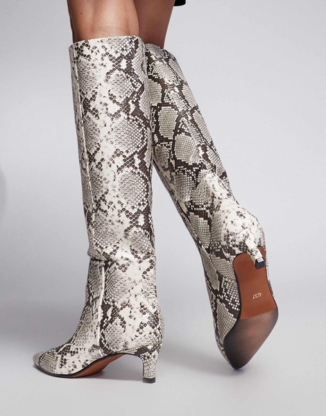 River Island snakeskin print knee boots with low heel in beige