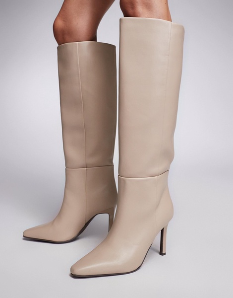 River Island knee high heeled boot in cream