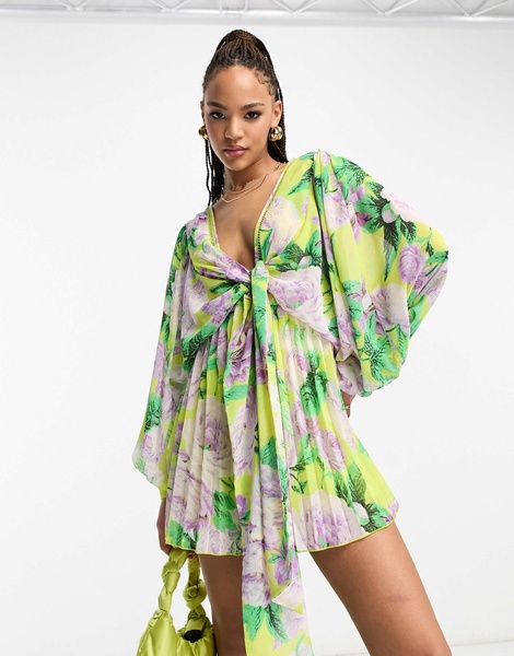 ASOS DESIGN tie front batwing pleated romper in yellow floral