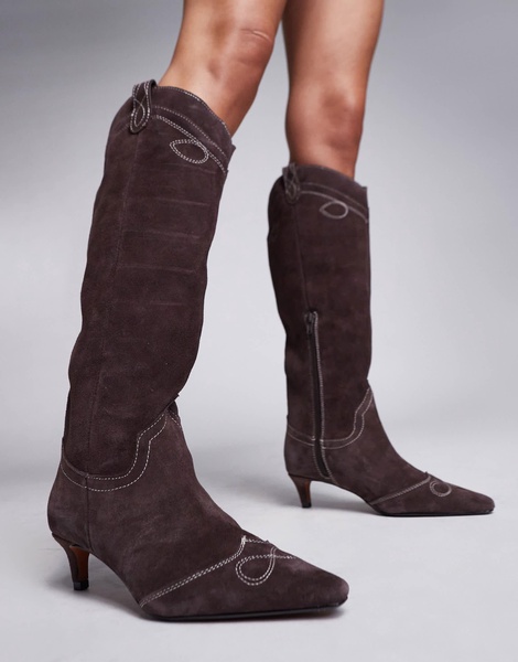 River Island knee high heeled suede western boot in brown