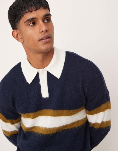 ASOS DESIGN relaxed knitted rugby polo sweater in navy with stripe