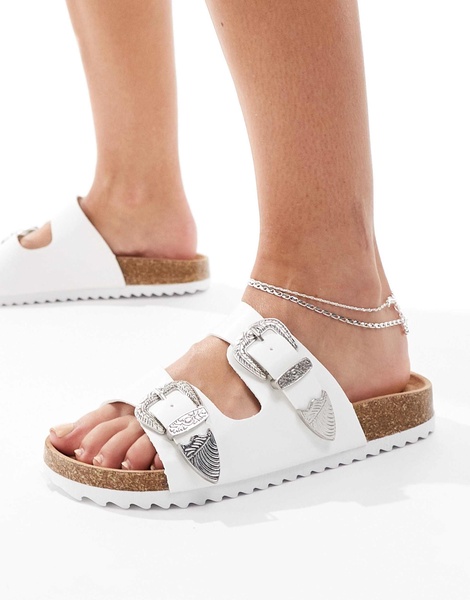 ASOS DESIGN Wide Fit Famous double strap western sandals in white