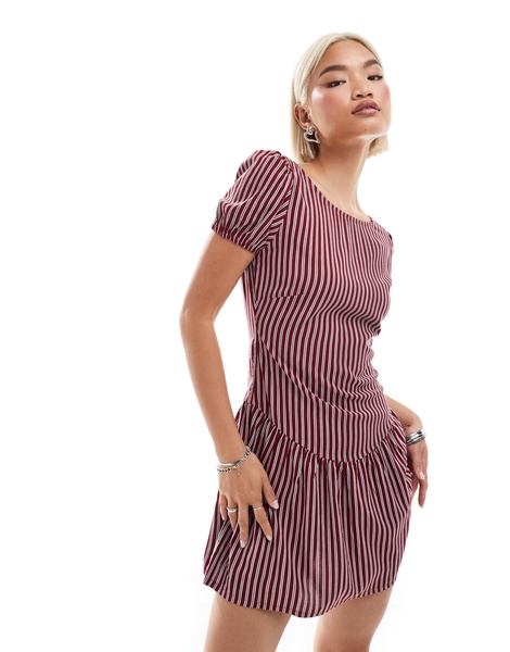 Motel Exclusive jemima puff sleeve striped mini dress in burgundy and blue