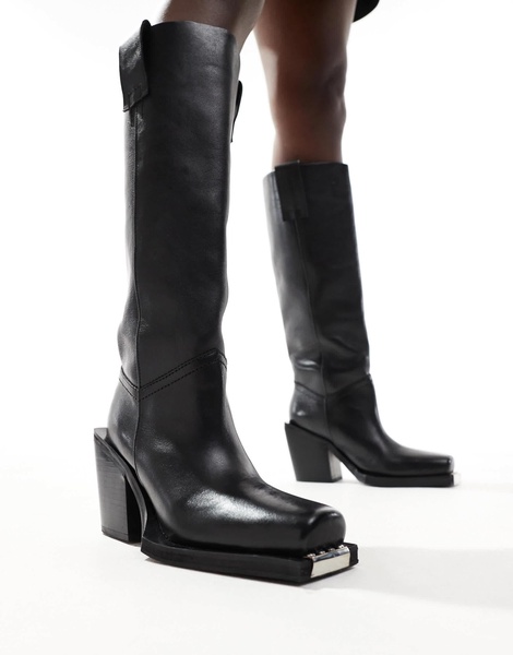 ASOS DESIGN Celia leather western pull on boots in black