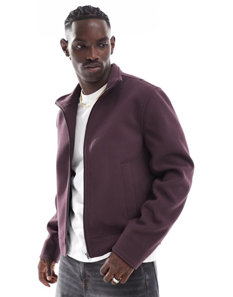 ASOS DESIGN wool look harrington jacket with funnel neck in burgundy