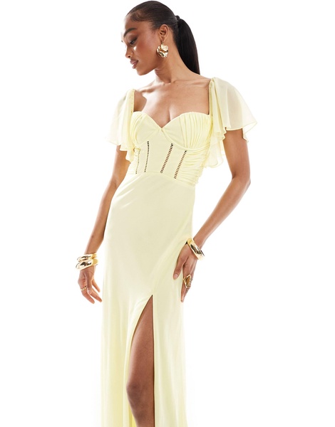 ASOS DESIGN Tall satin corset detail chiffon bias cut maxi dress with flutter sleeve in lemon