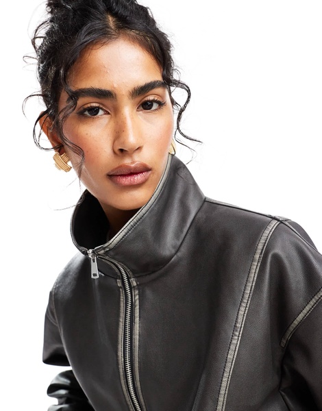 ASOS DESIGN funnel neck leather look bomber jacket in black