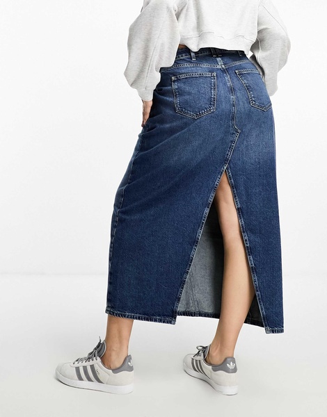 River Island Plus seam detail denim maxi skirt in dark denim