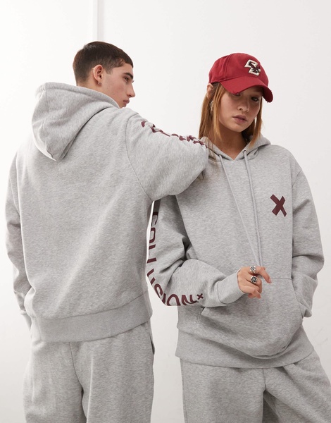 COLLUSION Unisex logo hoodie in heather gray with burgundy print